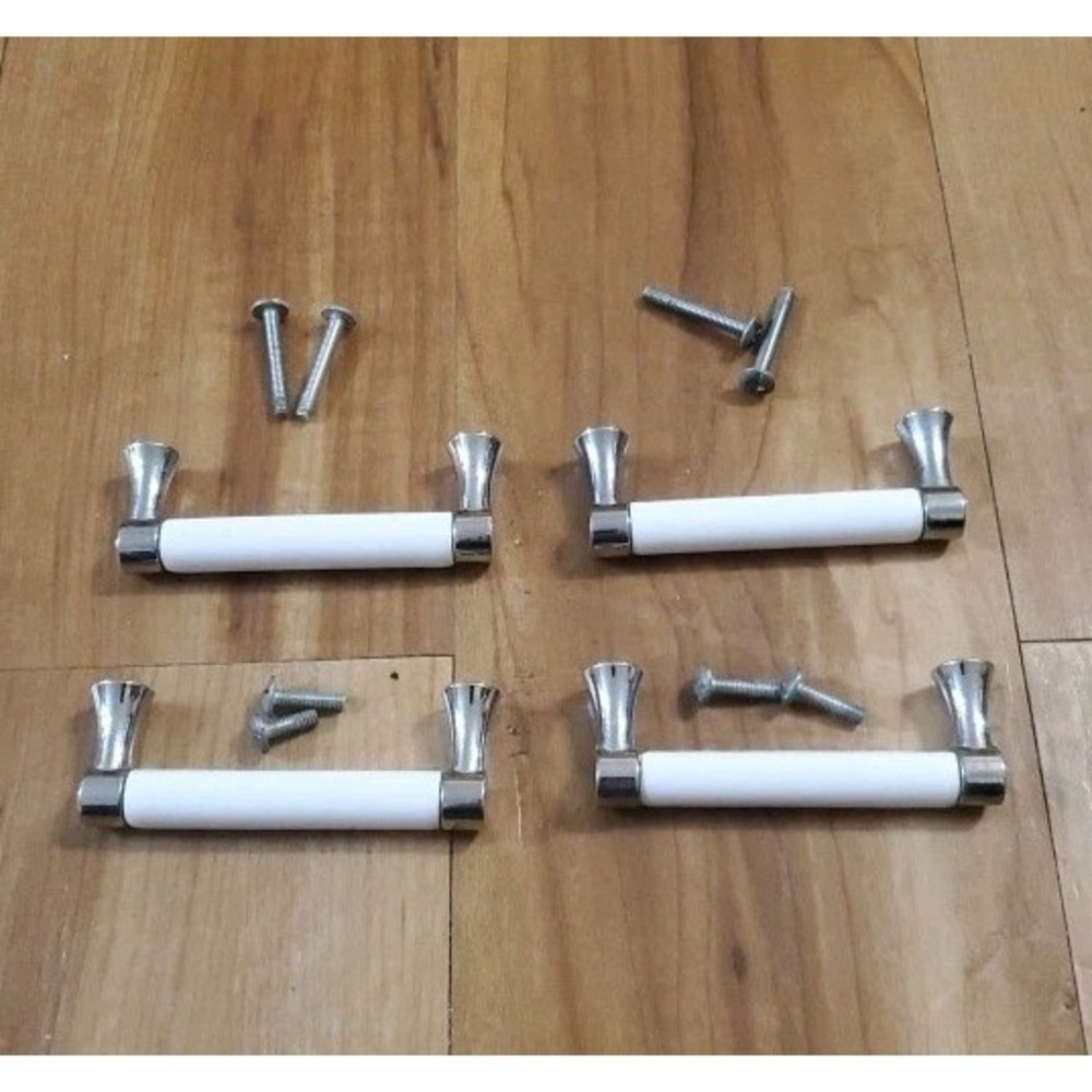 Betsy Fields Design Cabinet Drawer Pull Brushed Nickel White Ceramic Lot Of 4